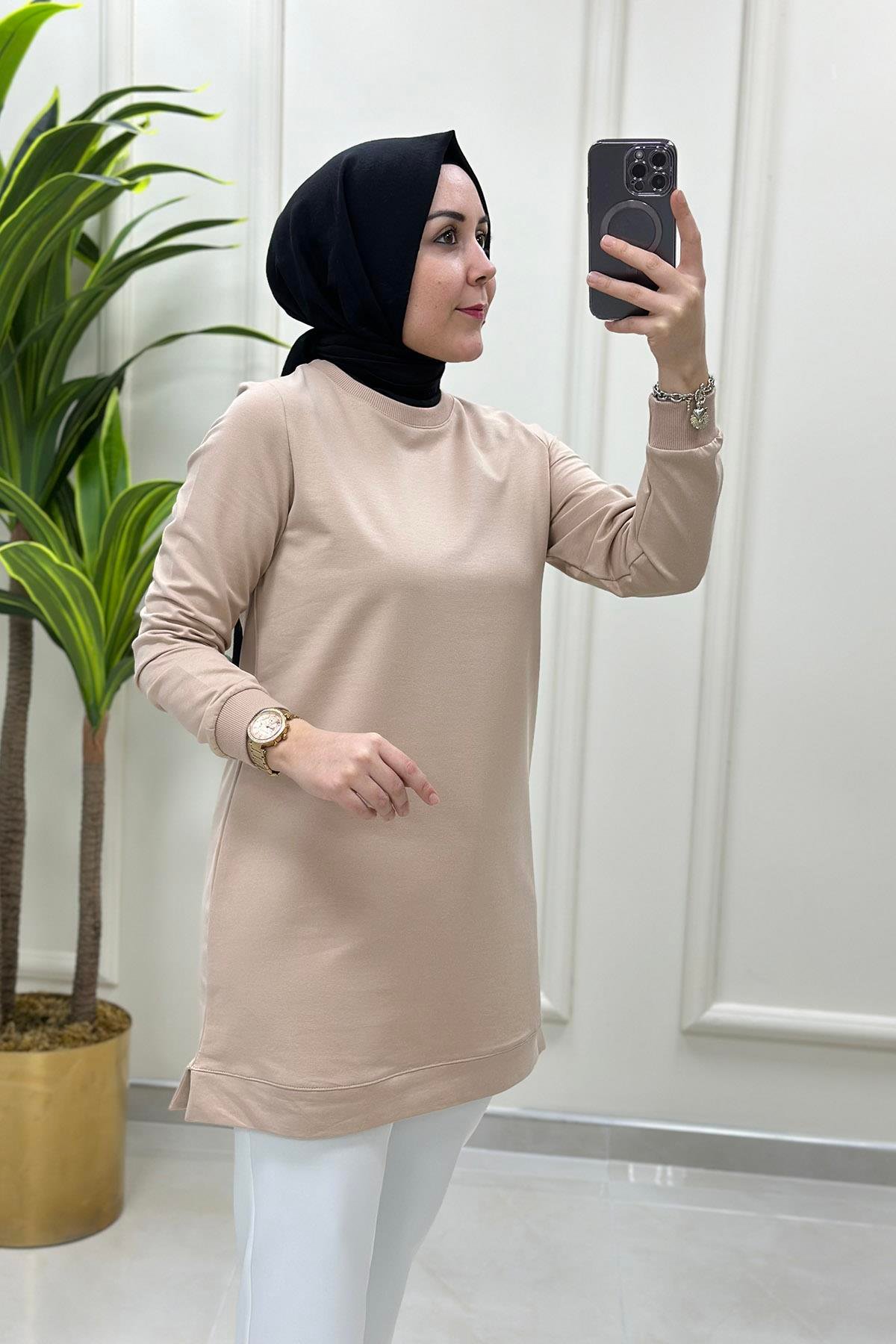 TunikKol Ve Etek Ucu Ribanalı Spor Kadın Tunik Bej KADO 4513