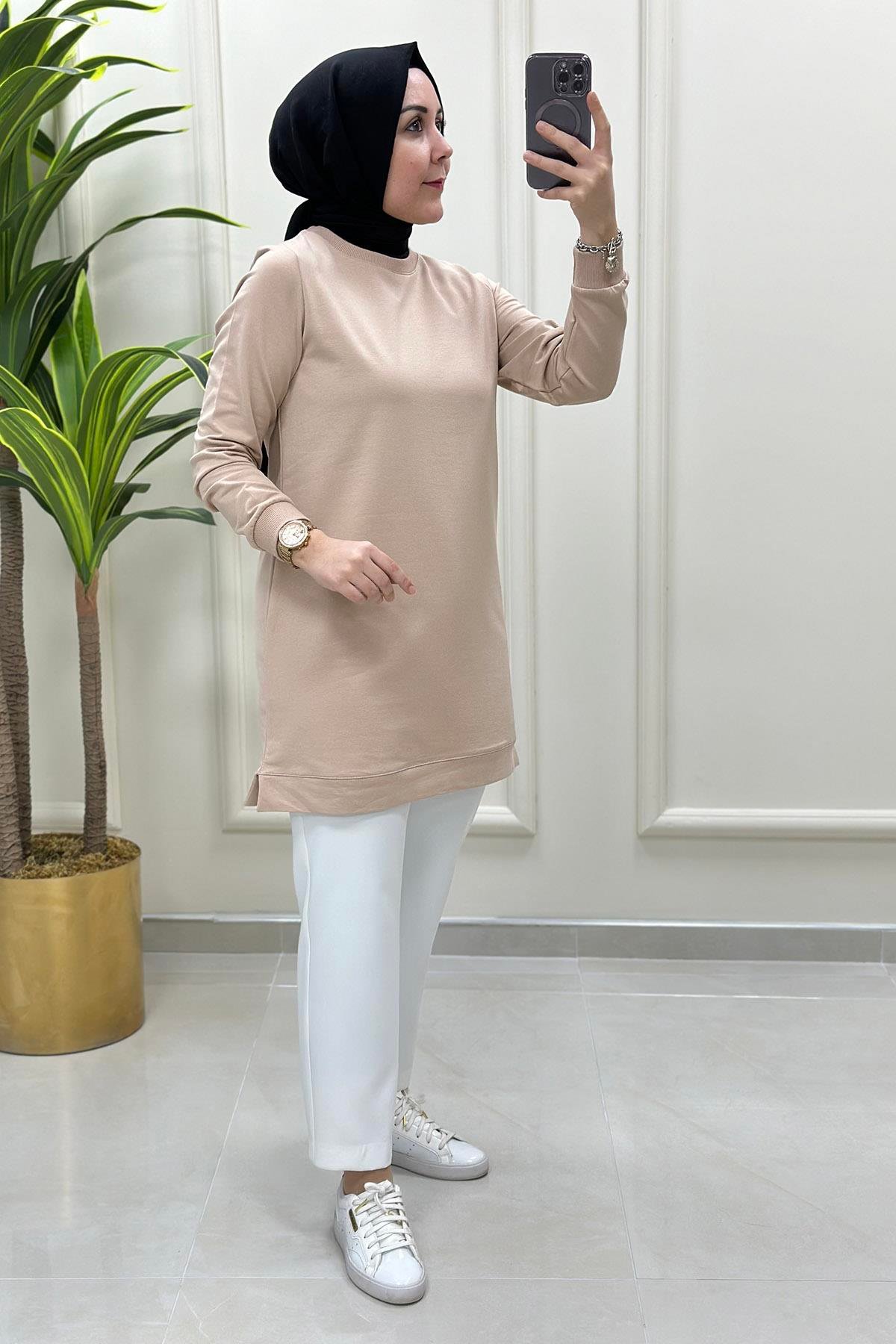 TunikKol Ve Etek Ucu Ribanalı Spor Kadın Tunik Bej KADO 4513