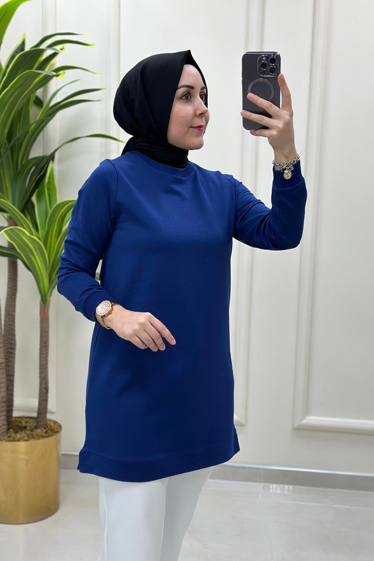 TunikKol Ve Etek Ucu Ribanalı Spor Kadın Tunik Saks Mavisi KADO 4513