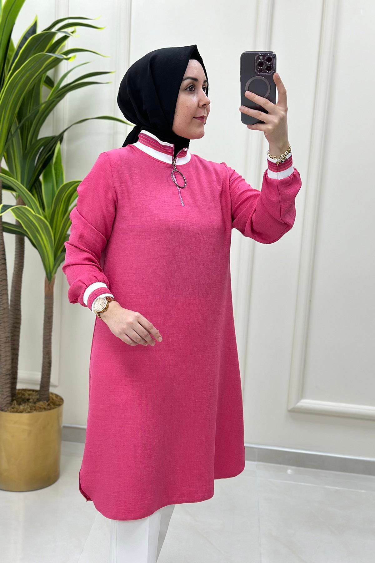 TunikKolu Ve Yakası Ribana Detaylı Spor Kadın Tunik Fuşya KADO 4155