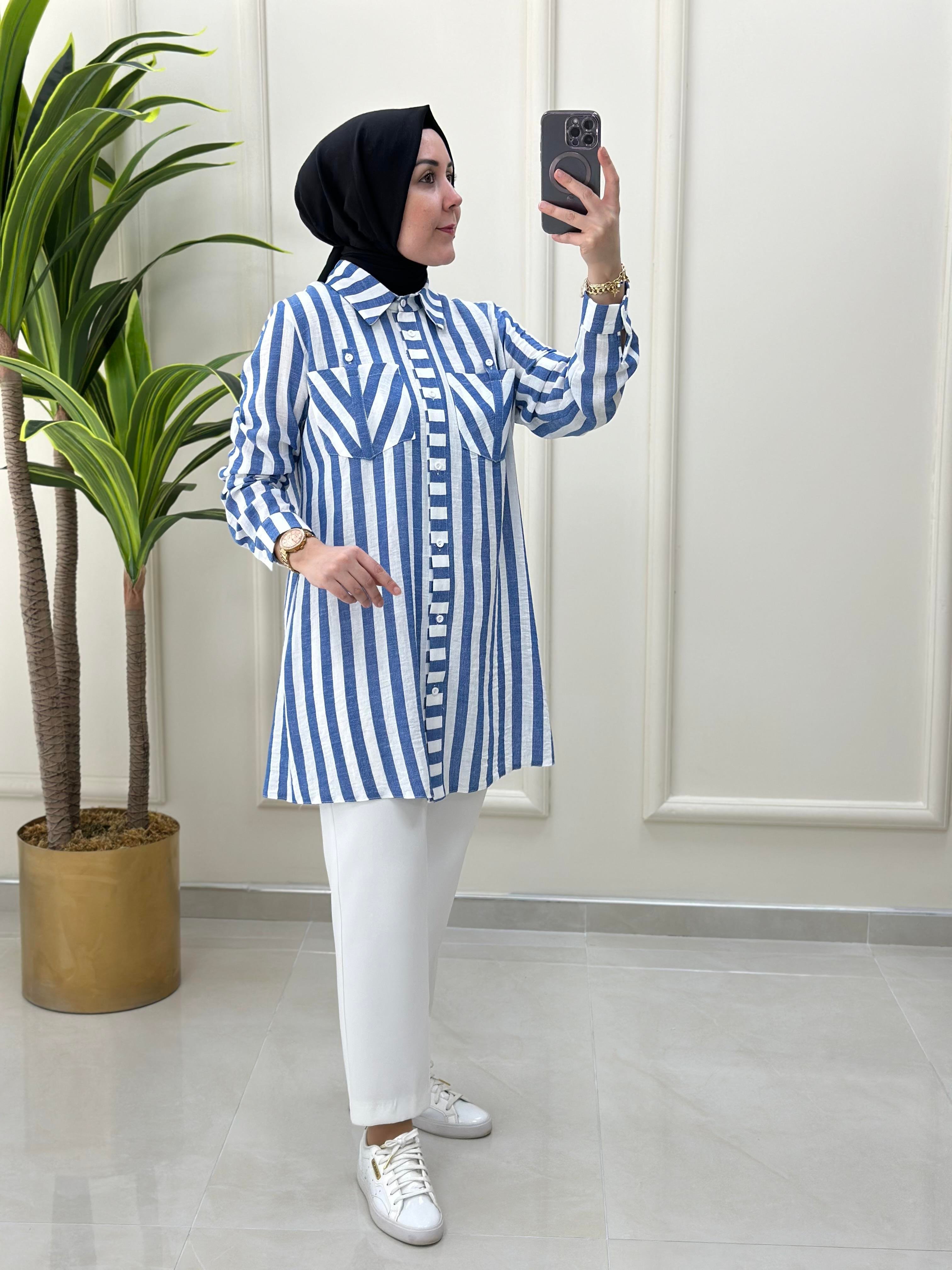 TunikÖnü Düğmeli Çizgi Desen Spor Kadın Tunik Mavi WNW 2214