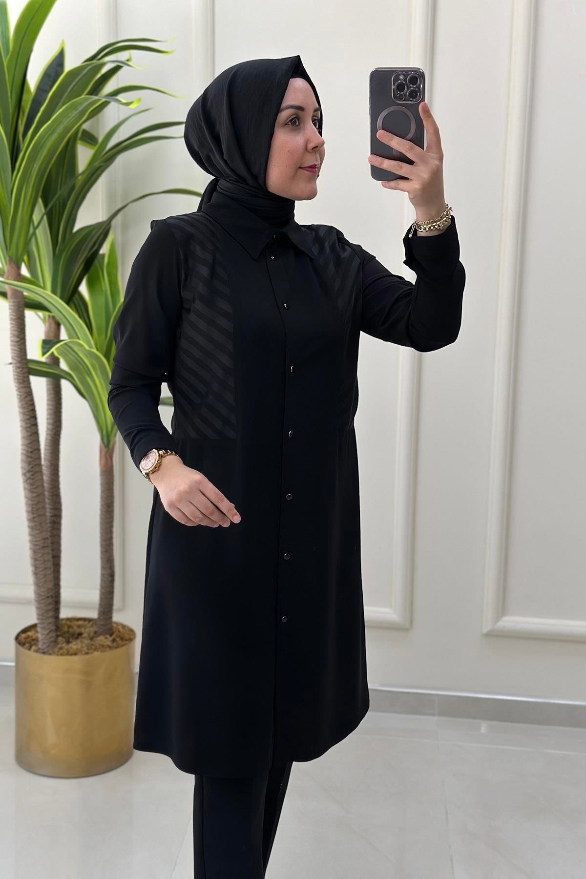 TunikÖnü Düğmeli Organze Tül Detaylı Kadın Tunik Siyah KADO 4050