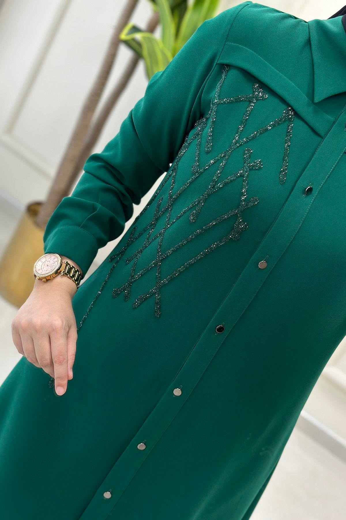 TunikÖnü Düğmeli Taş Baskı Detaylı Kadın Tunik Benetton Yeşili  CNR 1738