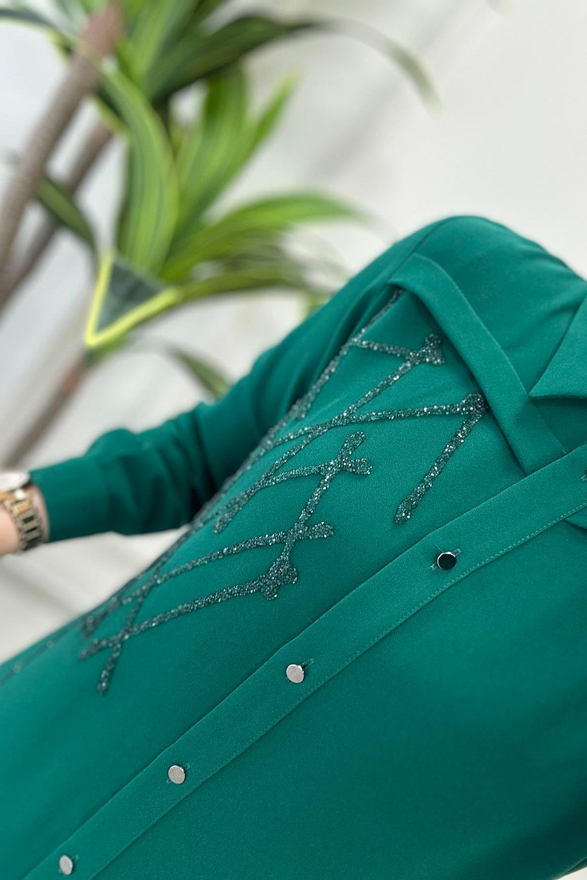 TunikÖnü Düğmeli Taş Baskı Detaylı Kadın Tunik Benetton Yeşili  CNR 1738
