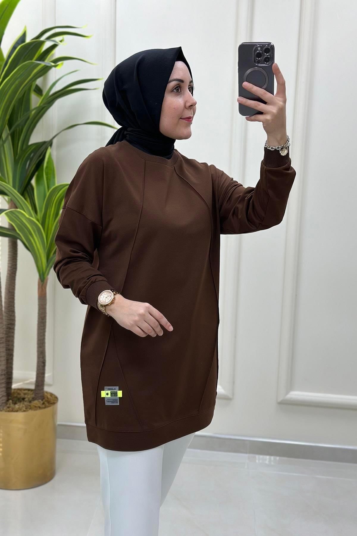 TunikÖnü Şerit Desenli Spor Kadın Tunik Kahverengi KADO 8131