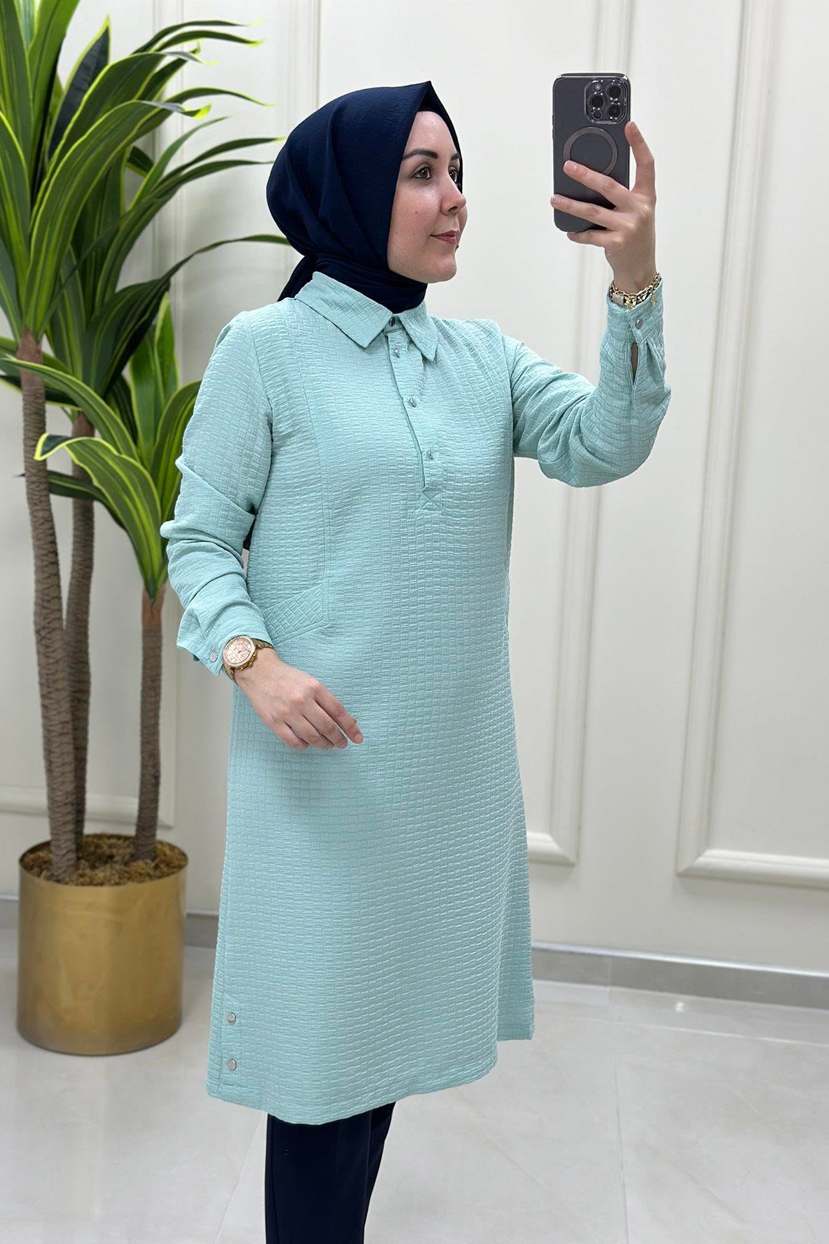 TunikÖnü Yarım Düğme Cep Görünümlü Kadın Tunik Mint Yeşili 2013