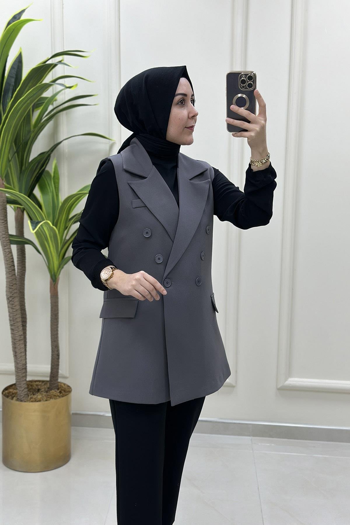 YelekKruvaze Yaka Önü Düğmeli Kadın Yelek Antrasit MSE 6004