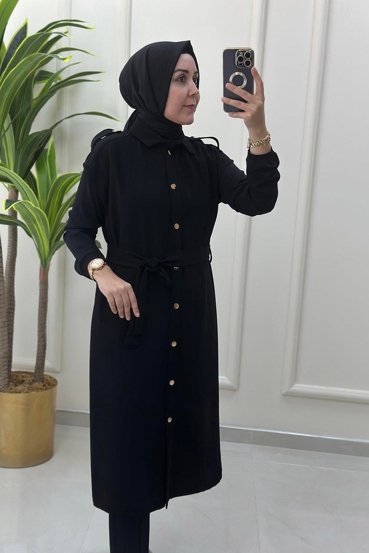 YelekÖnü Çıtçıtlı Beli Kemerli Kadın Yelek Siyah HYA 1323