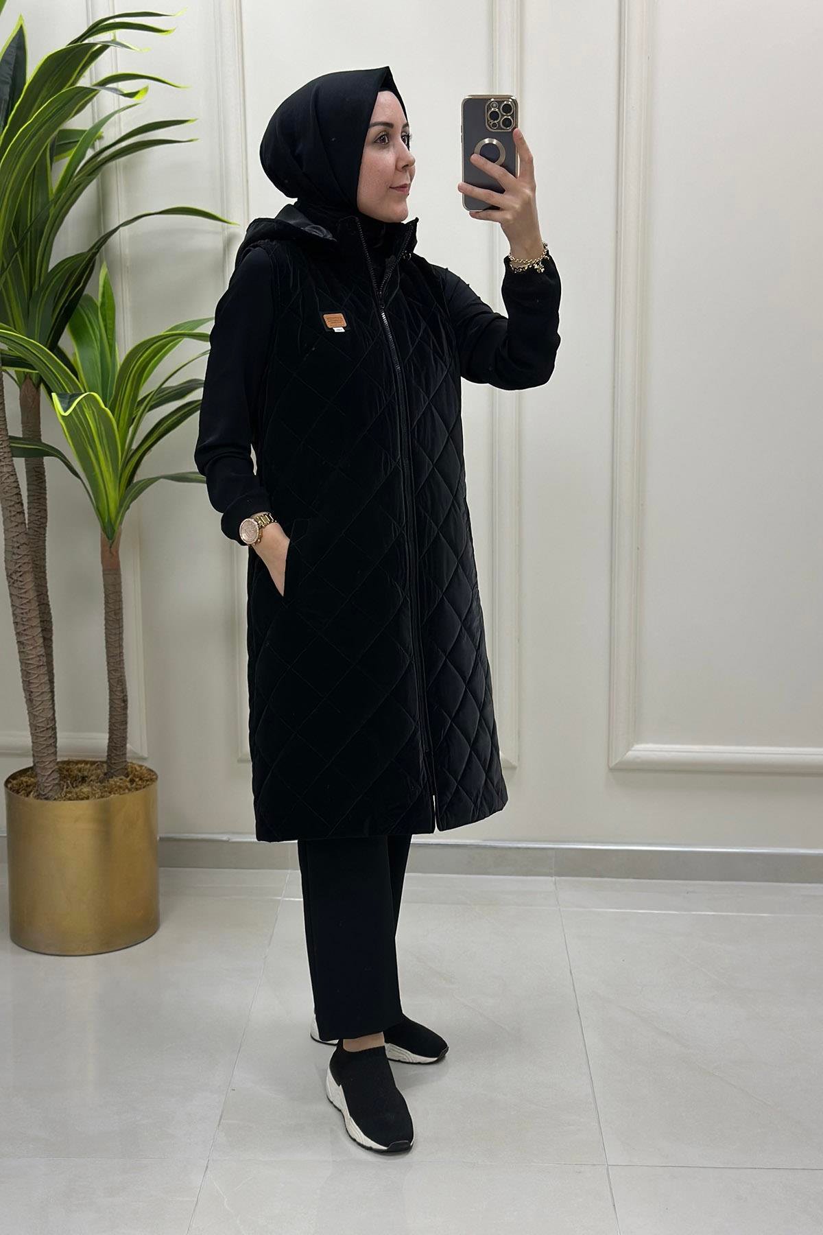 YelekÖnü Fermuarlı Baklava Desen Kadın Şişme Yelek Siyah MLH 4513