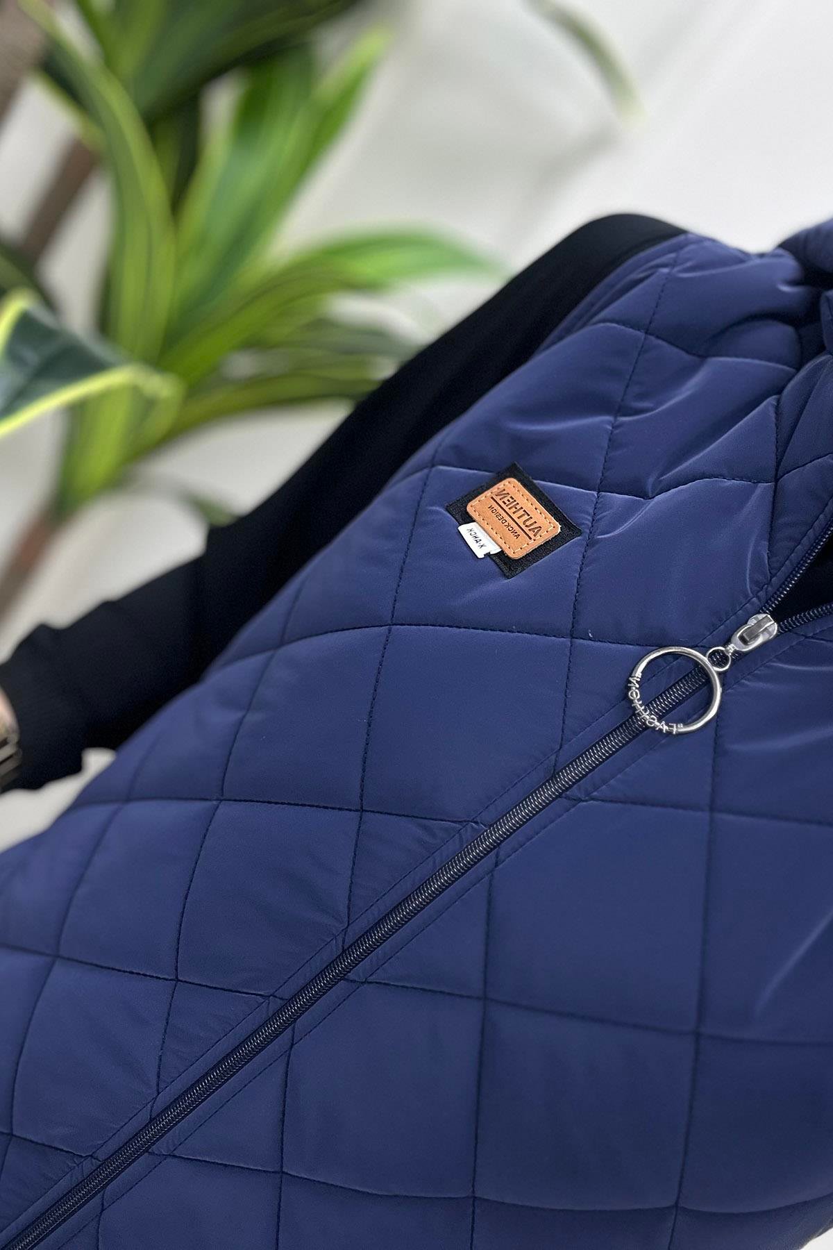 YelekÖnü Fermuarlı Baklava Desen Kadın Şişme Yelek Saks Mavisi MLH 4513