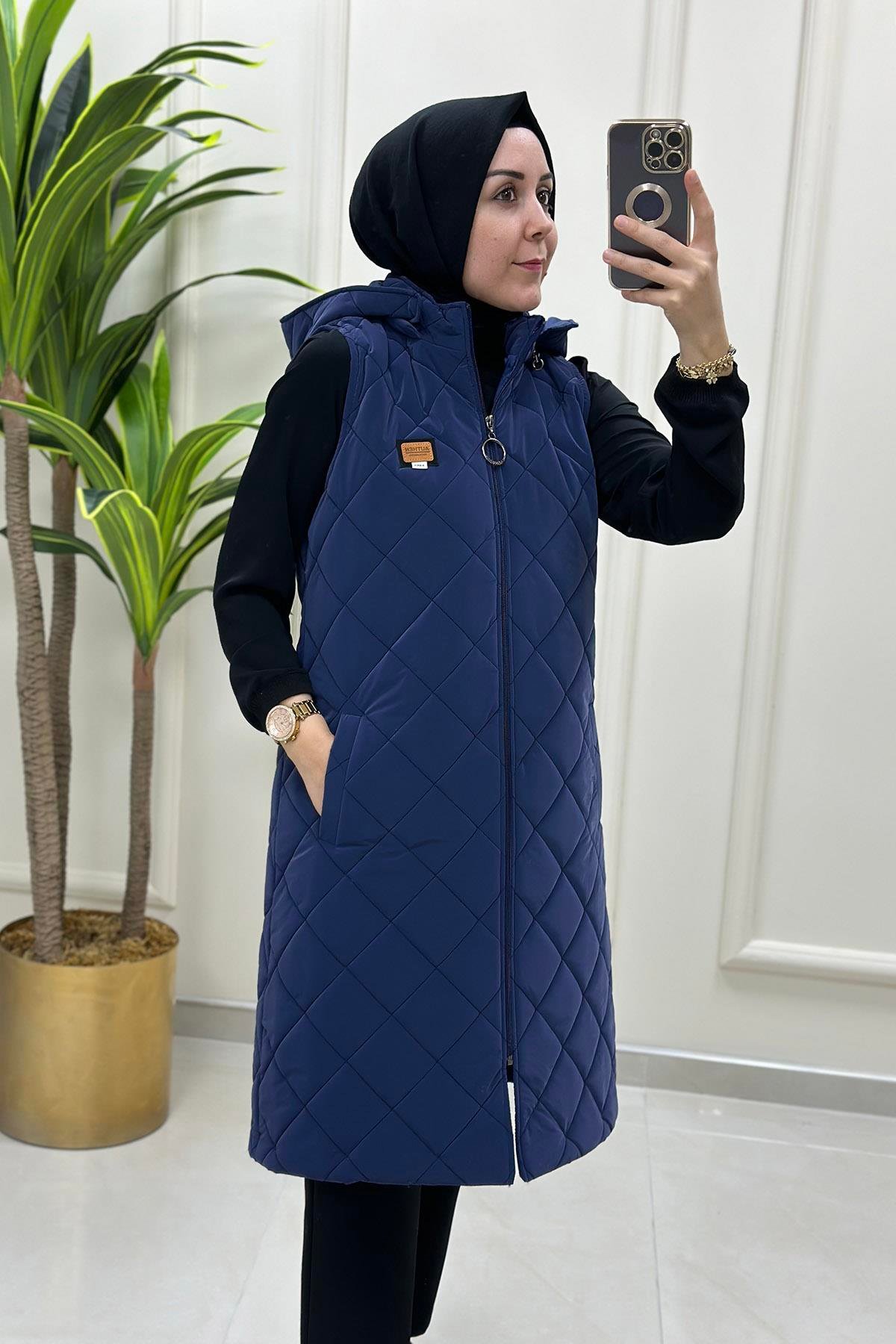 YelekÖnü Fermuarlı Baklava Desen Kadın Şişme Yelek Saks Mavisi MLH 4513