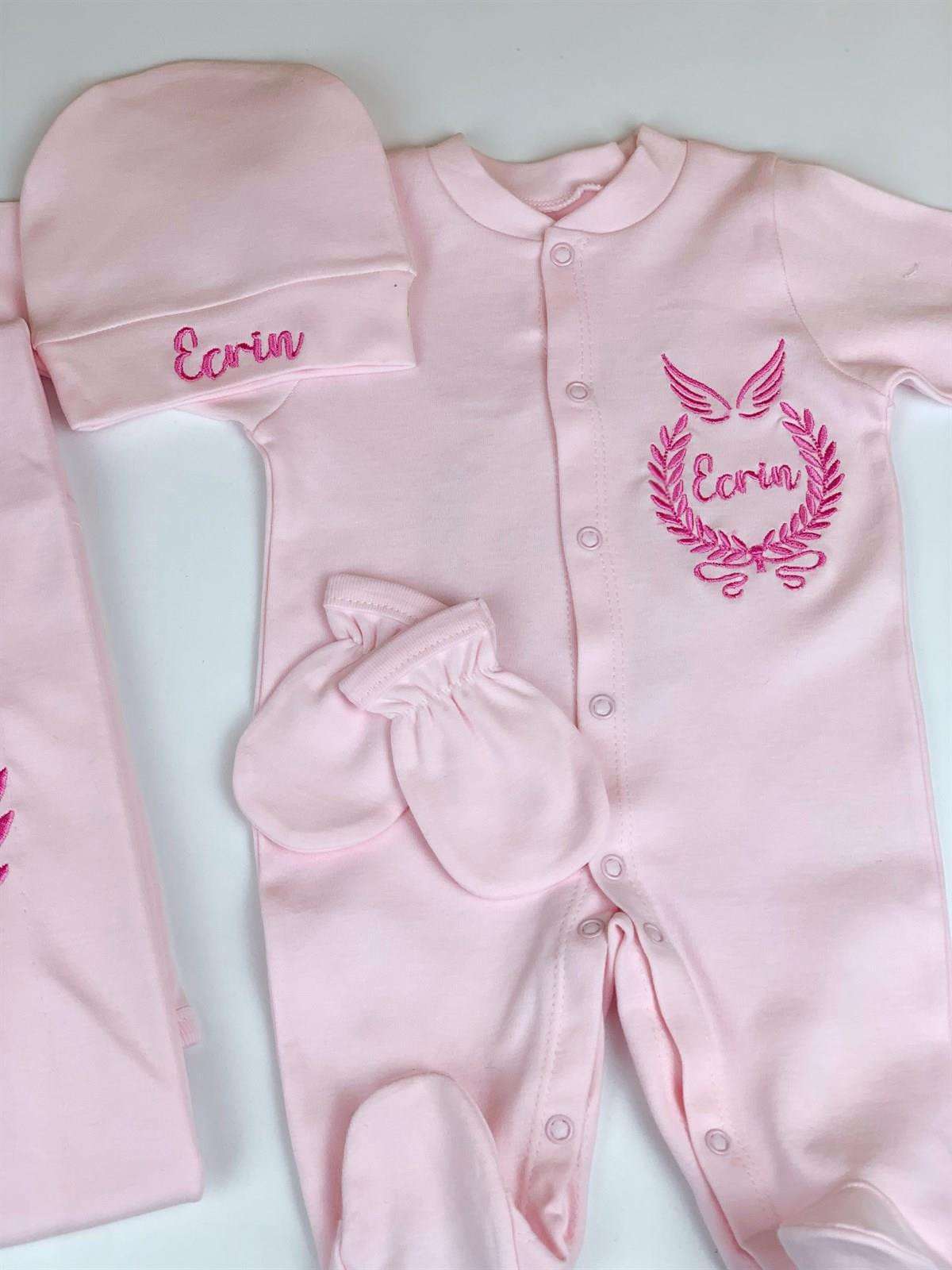 Melek kanadı nakışlı 3'lü Hastane Çıkışı-Pembe