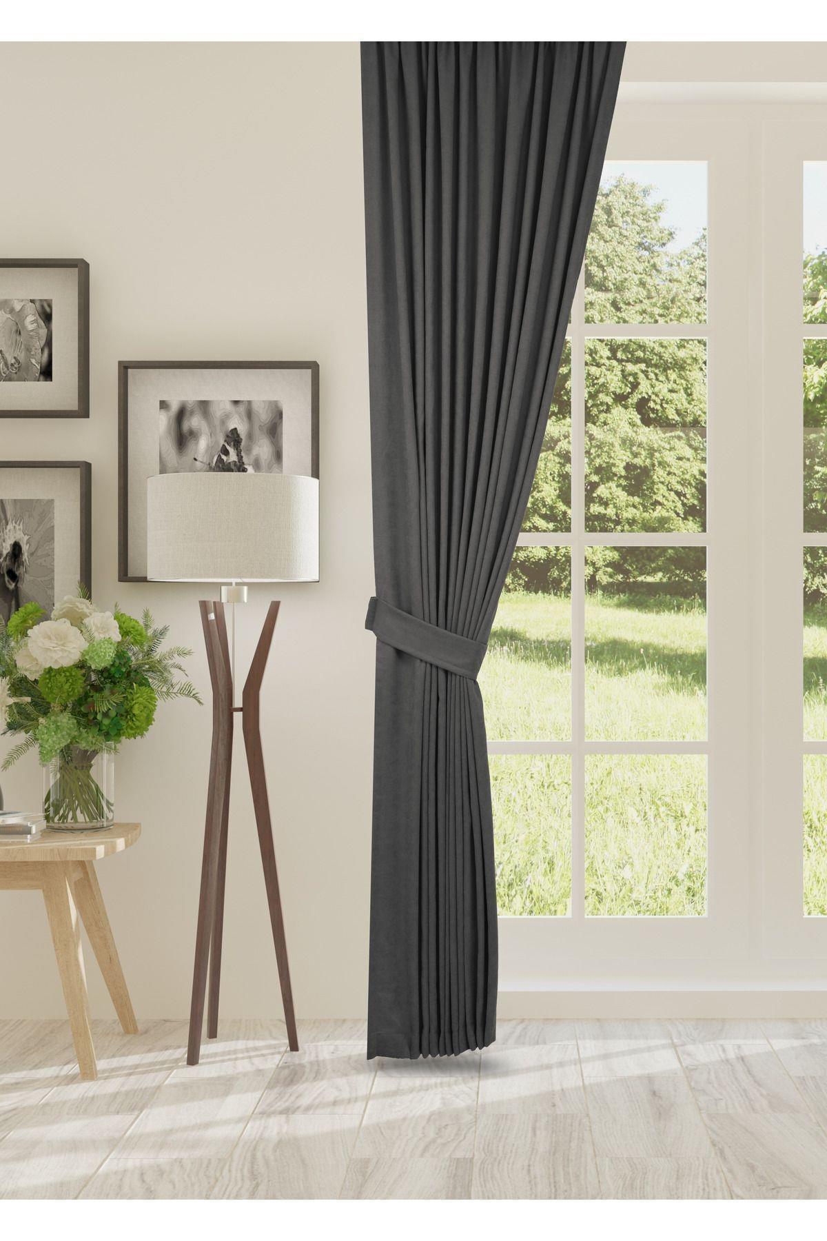 Antrasit Kadife Seyrek Pileli Fon Perde (1x2)