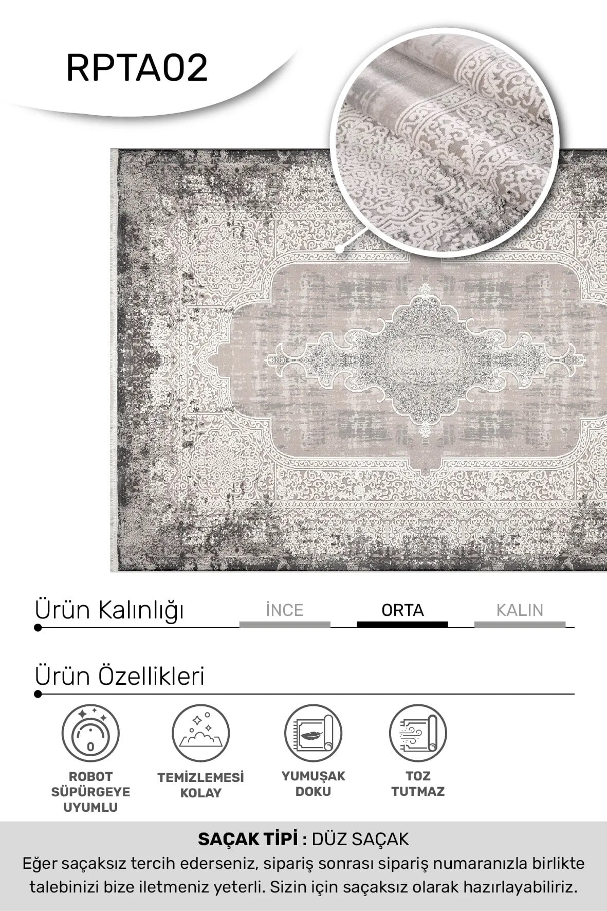 ANTALYA -Gri / Beyaz -Oturma Odası,Salon- Robot Süpürgeye Uyumlu -Kolay Temizlenebilir