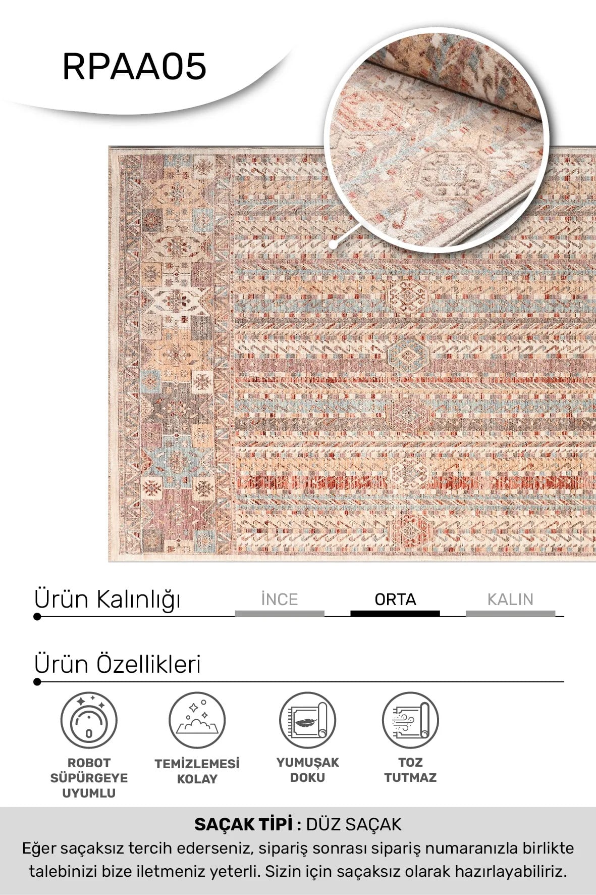 ARMA -Bej / Renkli -Oturma Odası,Salon- Robot Süpürgeye Uyumlu -Kolay Temizlenebilir