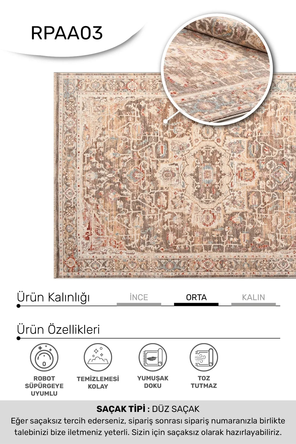 ARMA -Vizon / Gri / Renkli-Oturma Odası,Salon- Robot Süpürgeye Uyumlu -Kolay Temizlenebilir