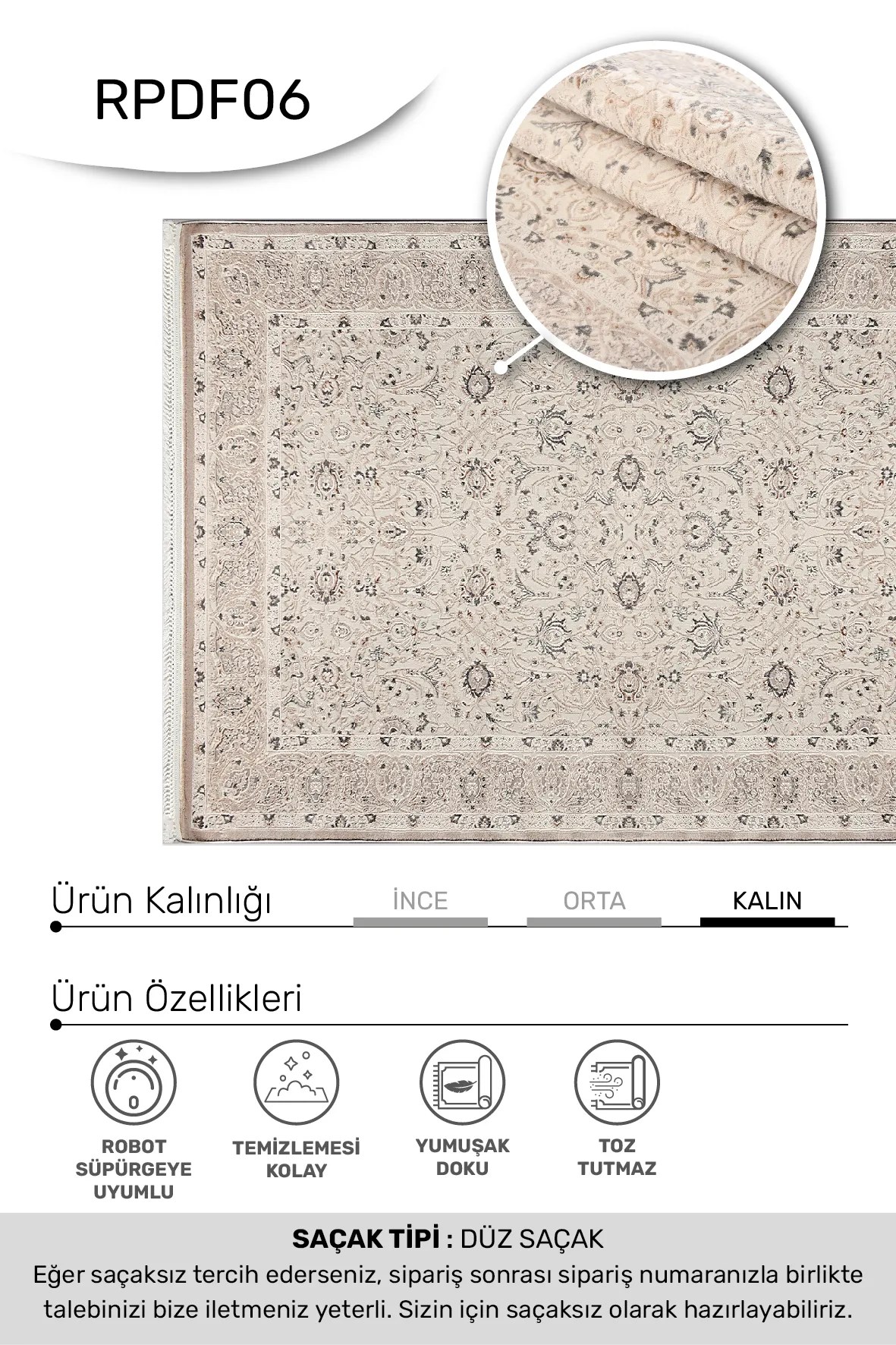 DENİZ -Vizon / Renkli -Oturma Odası,Salon- Robot Süpürgeye Uyumlu -Kolay Temizlenebilir