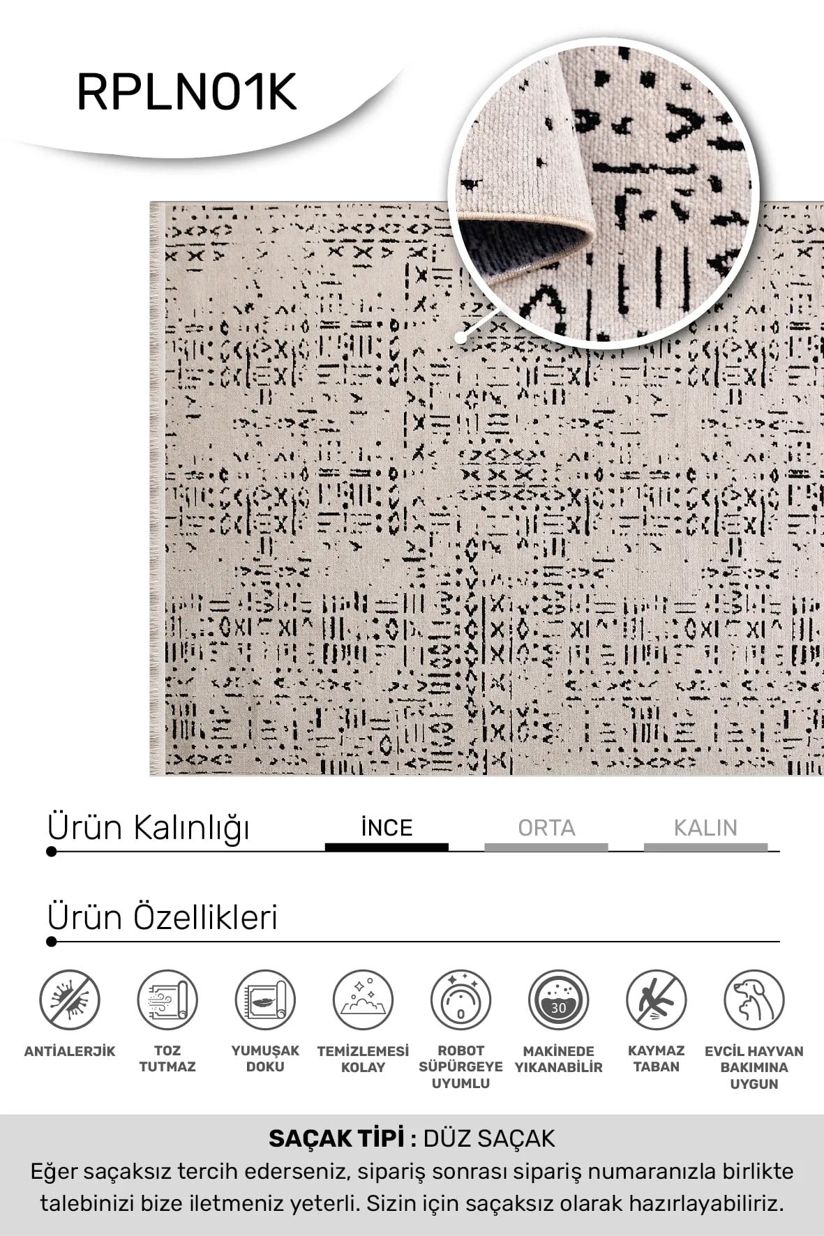 LUXİA-Bej/Siyah - Özel Ölçü-Oturma Odası, Mutfak ve Koridor Halısı-Kaydırmaz Taban-Robot Süpürgeye Uyumlu-Kolay temizlenebilir-Uygun Fiyat