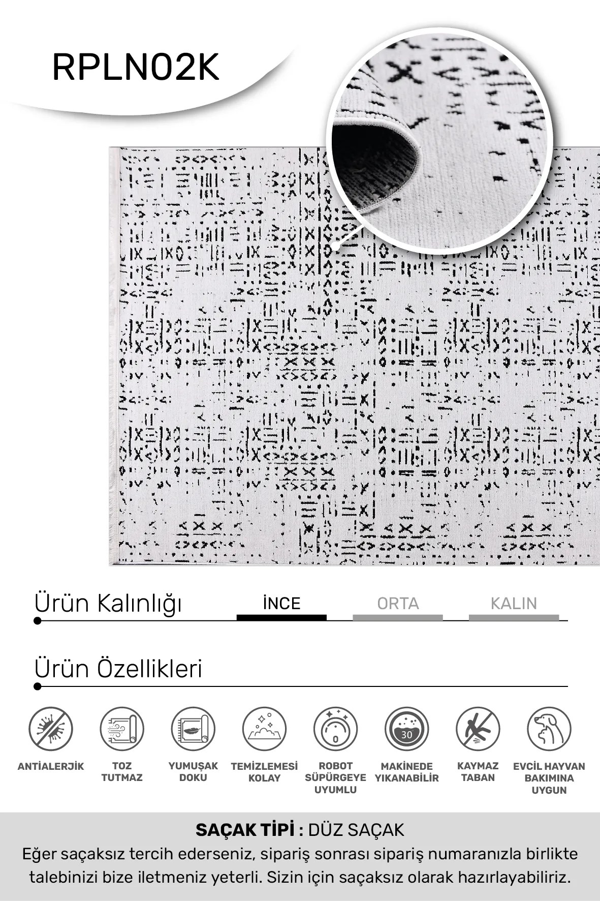 LUXİA-Beyaz/Siyah- Özel Ölçü-Oturma Odası, Mutfak ve Koridor Halısı-Kaydırmaz Taban-Robot Süpürgeye Uyumlu-Kolay temizlenebilir-Uygun Fiyat