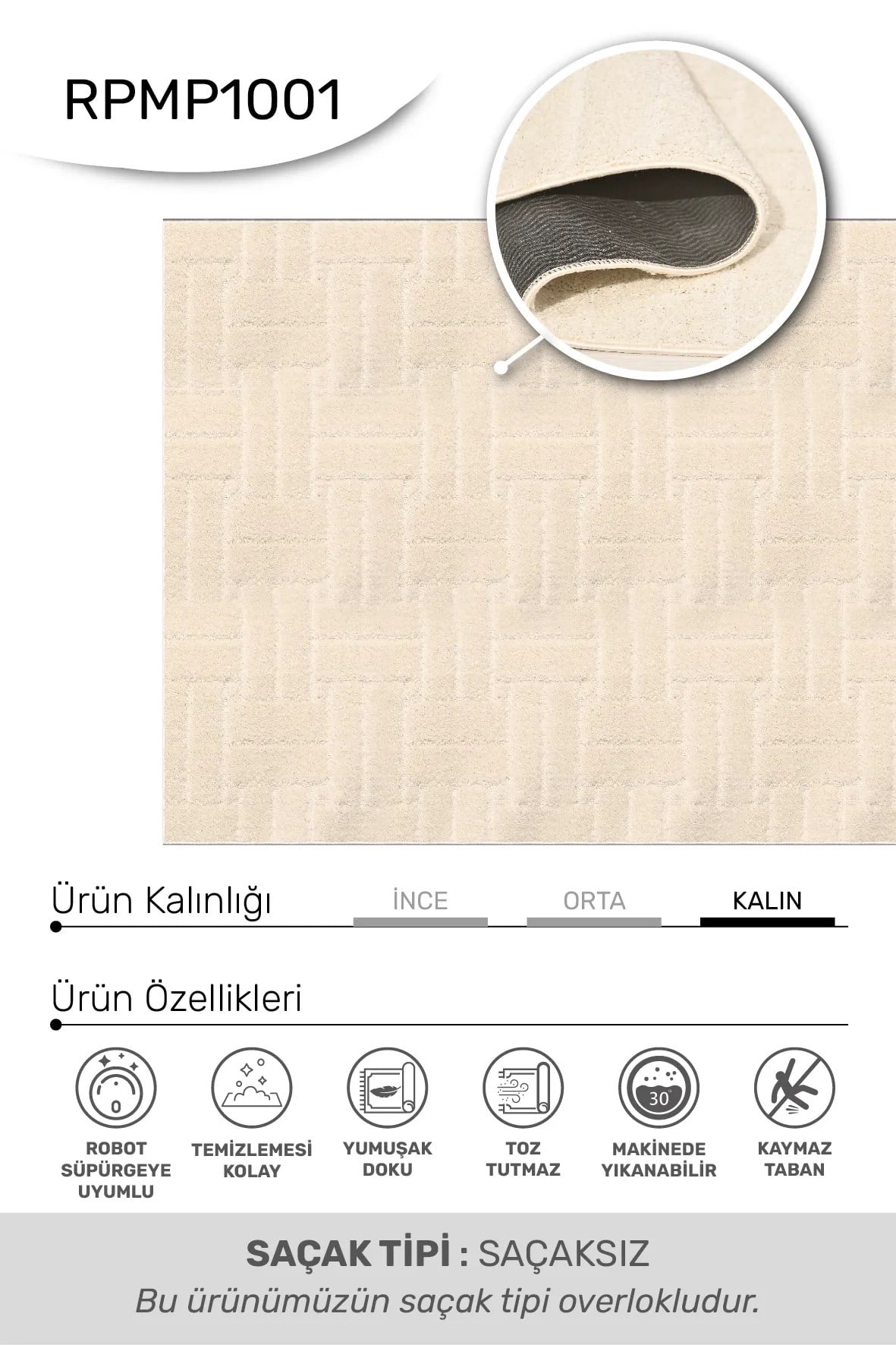 MODA- Krem - Yumuşak Dokulu Halı Yolluk %100 Polyester - Kaymaz Taban - Yıkanabilir - Özel Ölçü - Uygun Fiyat