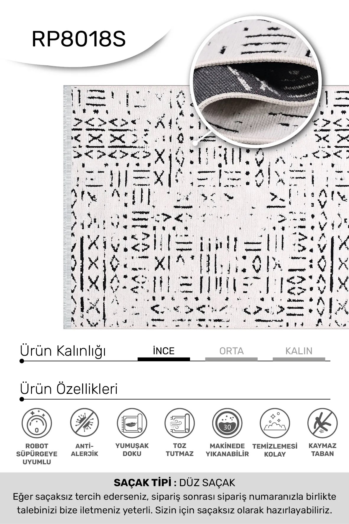 NEVA-Beyaz/Siyah - Özel Ölçü-Oturma Odası, Koridor Halısı-KaymazTaban-Robot Süpürgeye Uyumlu-Kolay Temizlenebilir-Uygun Fiyat
