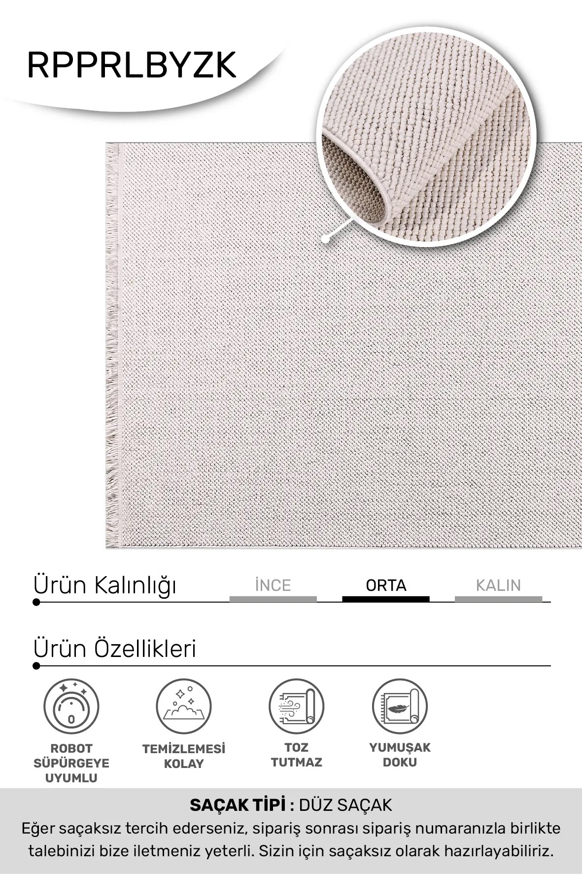 PARLA-Beyaz- Özel Ölçü- Oturma Odası, Koridor, Yatak Odası Halısı- Robot Süpürgeye Uyumlu-Kolay Temizlenebilir- Uygun Fiyat