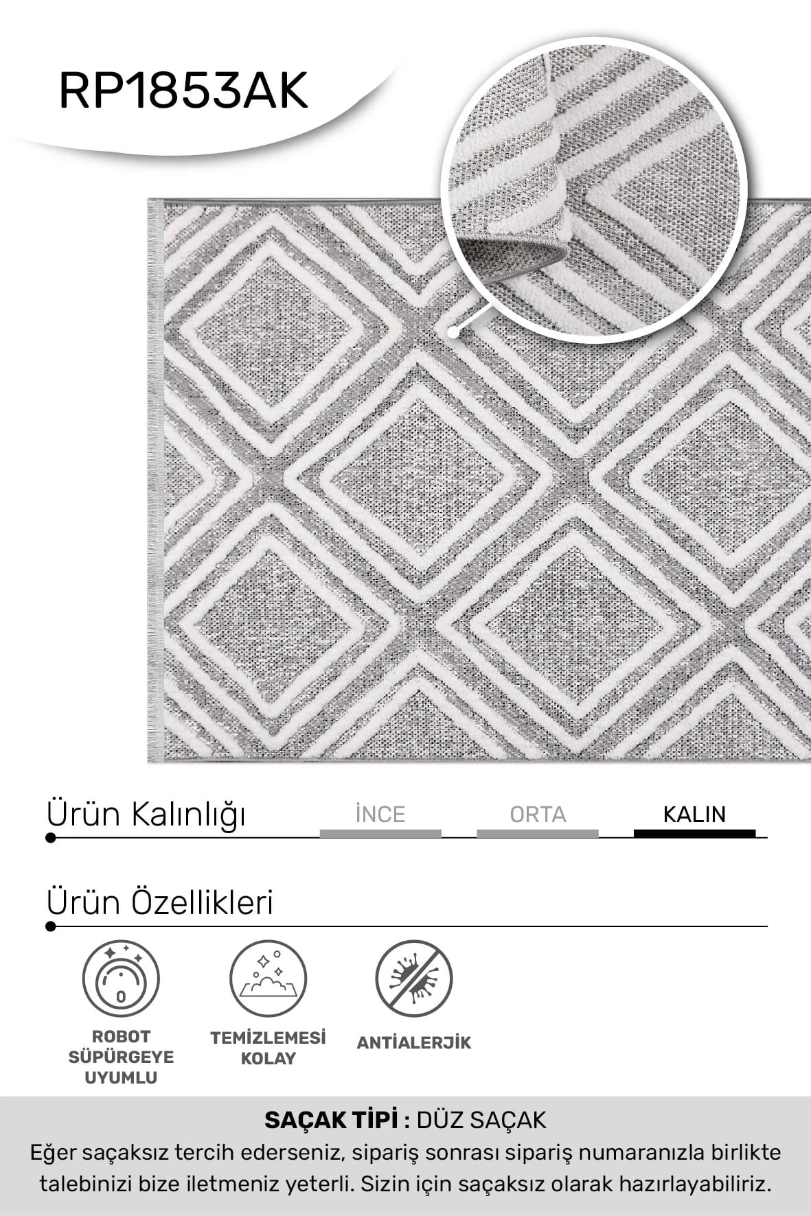 RİKO-Beyaz/Gri - Özel Ölçü-Salon, Oturma Odası , Çocuk Odası ve Koridor Halısı-Robot Süpürgeye Uyumlu-Kolay Temizlenebilir-Uygun Fiyat