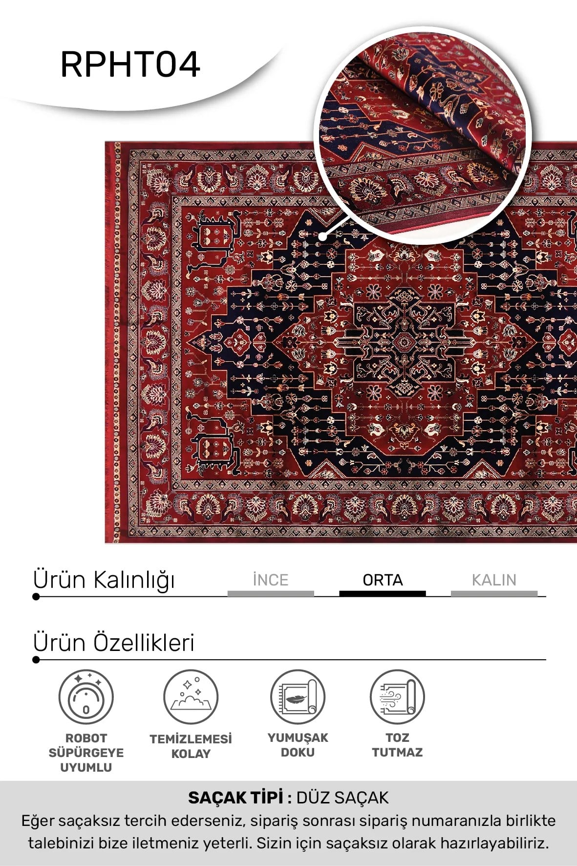 TALYA- Kırmızı / Lacivert - Sabit Ölçü- Oturma Odası,Salon - Robot Süpürgeye Uyumlu-Kolay Temizlenebilir