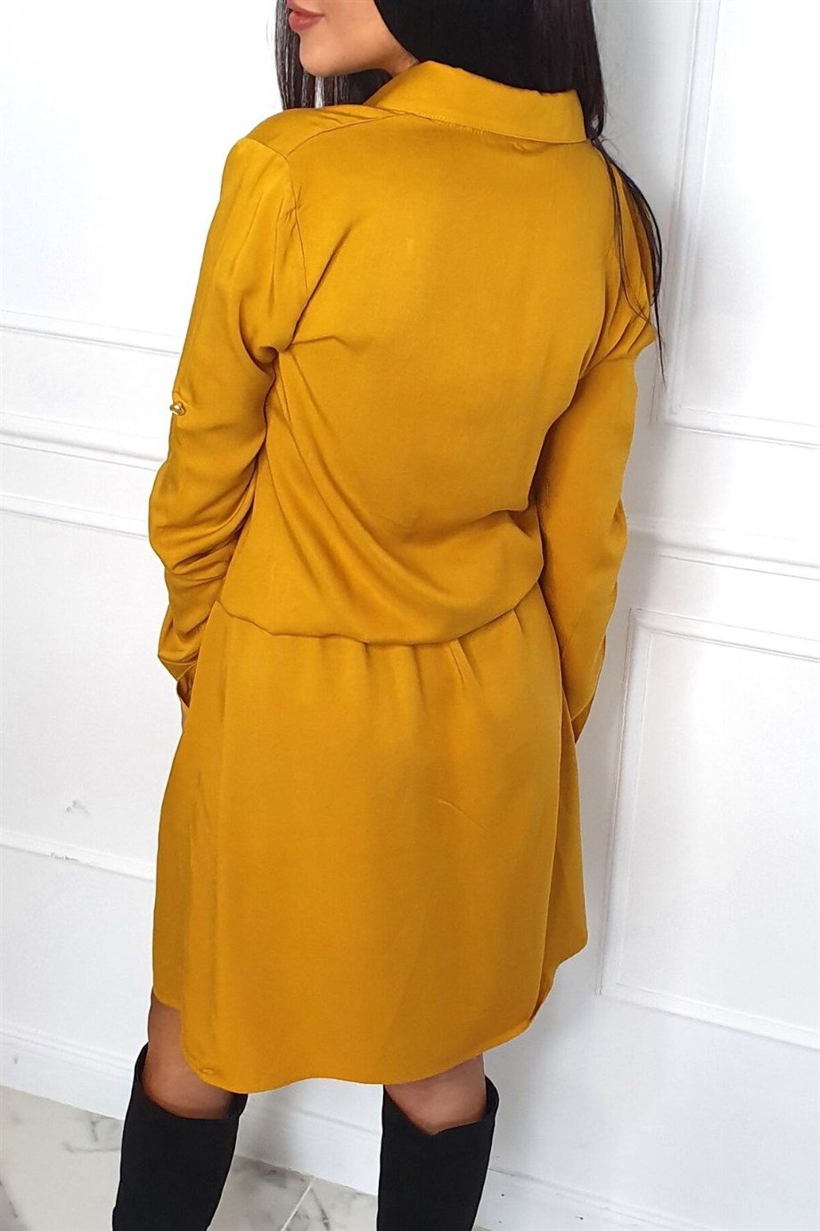 Cep detaylı gömlek yaka elbise siyah 1909