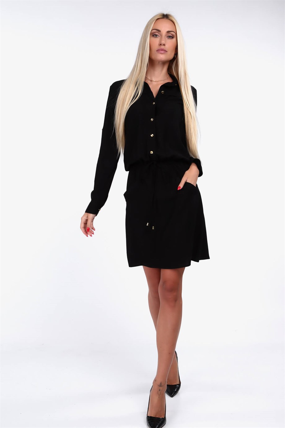Cep detaylı gömlek yaka elbise siyah 1909