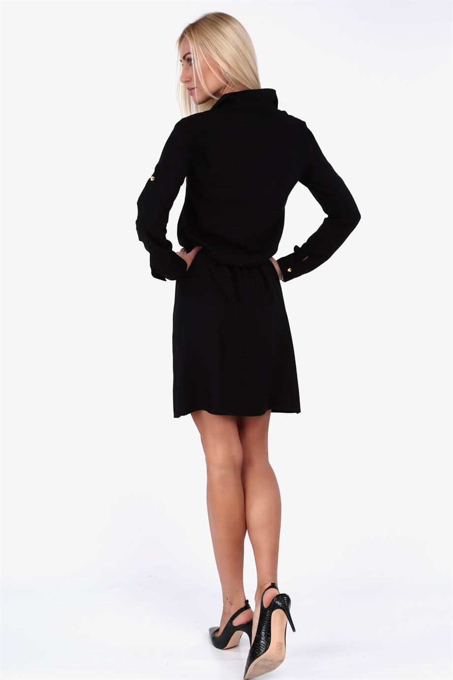 Cep detaylı gömlek yaka elbise siyah 1909