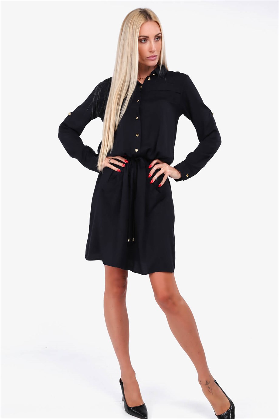 Cep detaylı gömlek yaka elbise siyah 1909