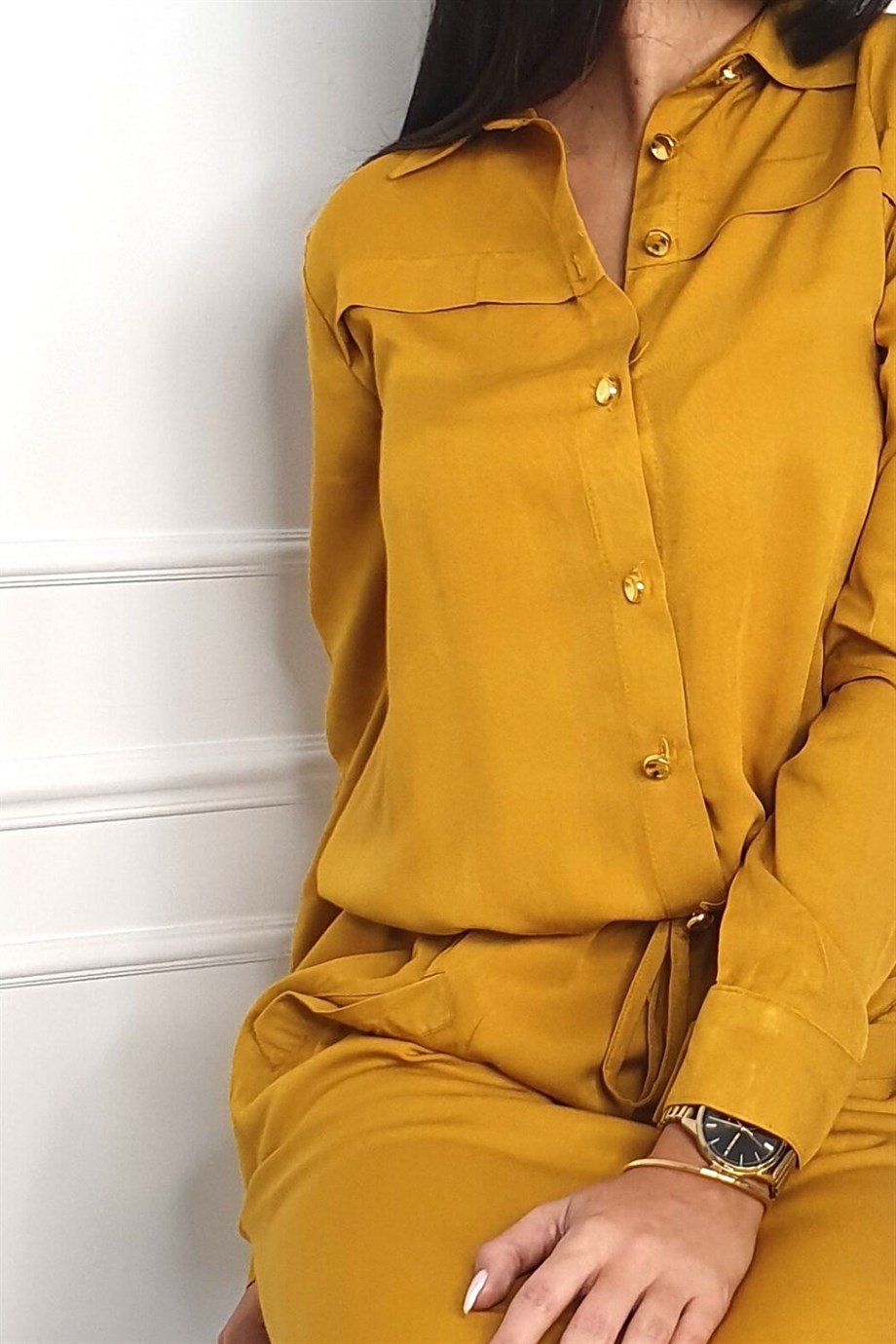 Cep detaylı gömlek yaka elbise siyah 1909