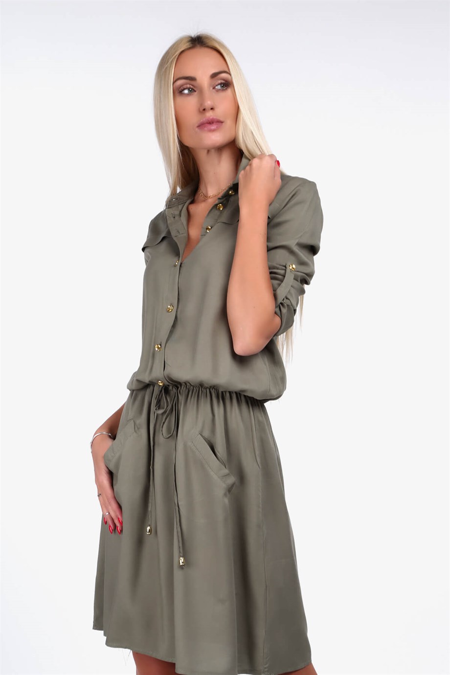 Cep detaylı gömlek yaka elbise siyah 1909