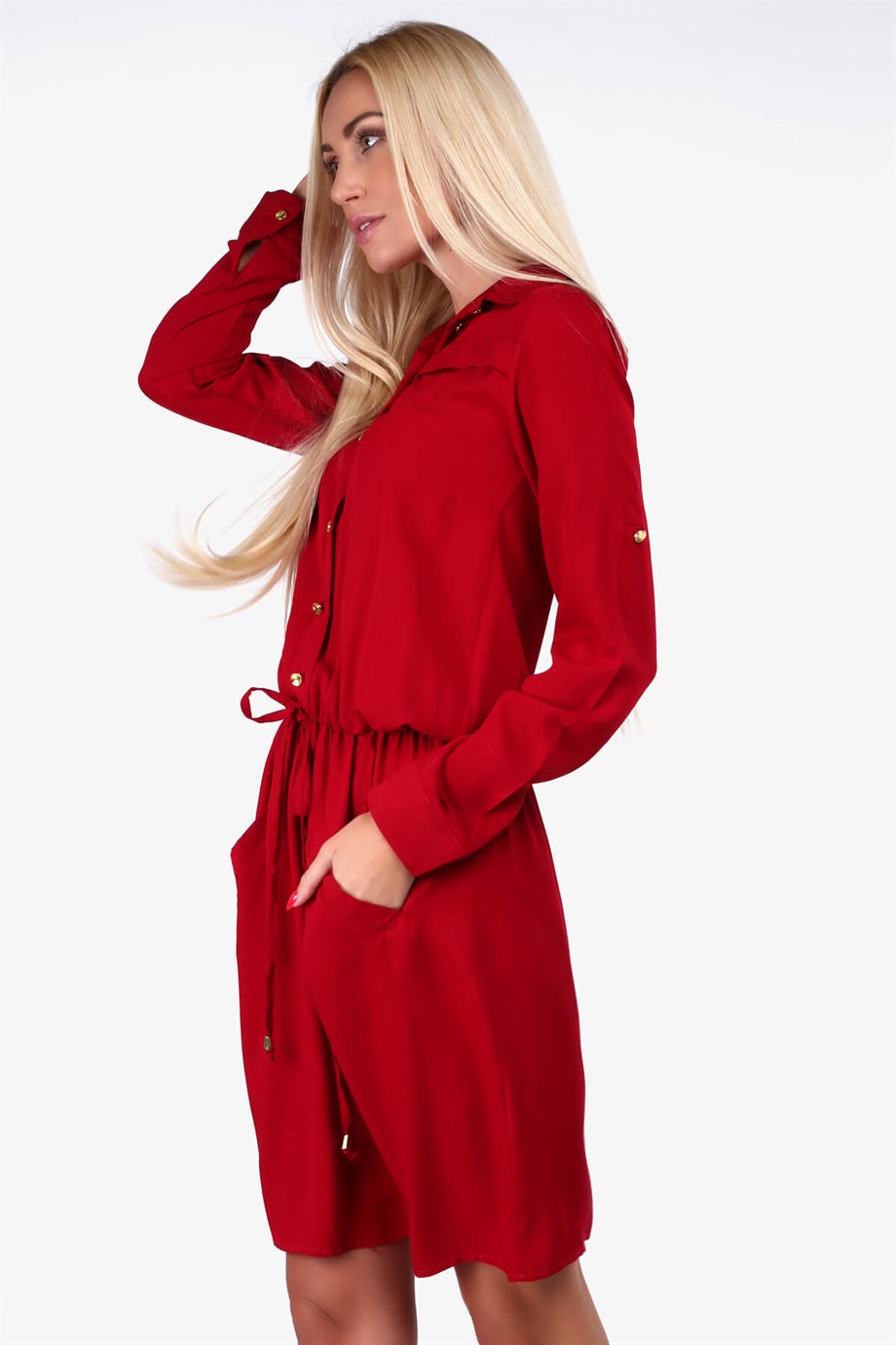 Cep detaylı gömlek yaka elbise siyah 1909