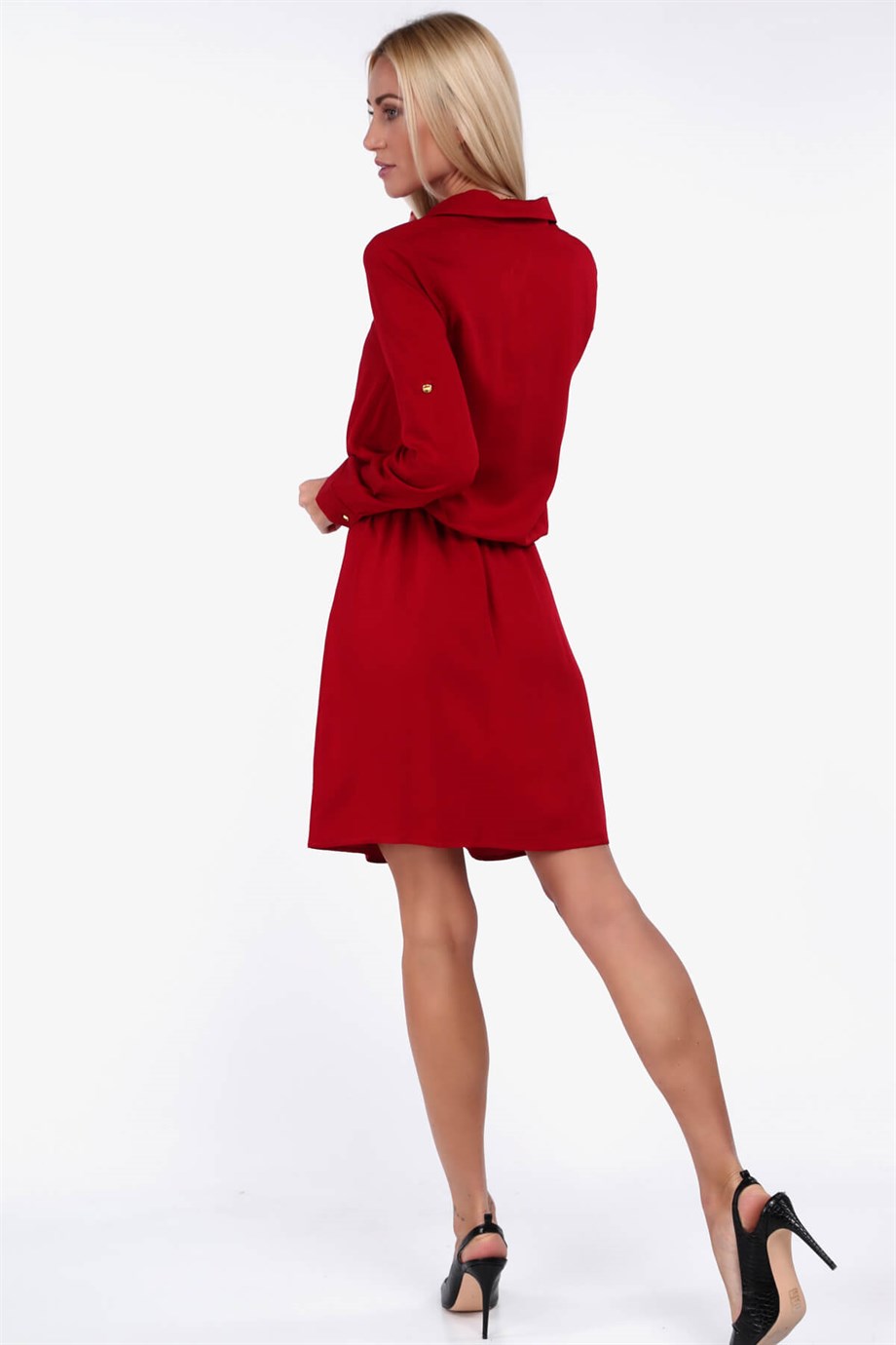 Cep detaylı gömlek yaka elbise siyah 1909