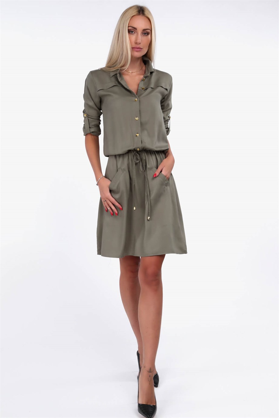 Cep detaylı gömlek yaka elbise siyah 1909