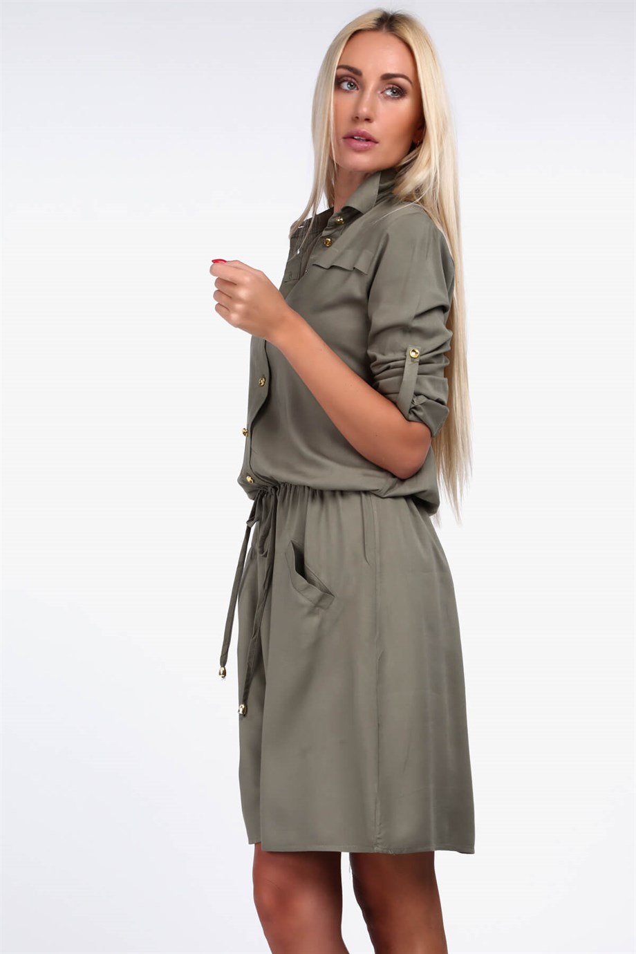 Cep detaylı gömlek yaka elbise siyah 1909