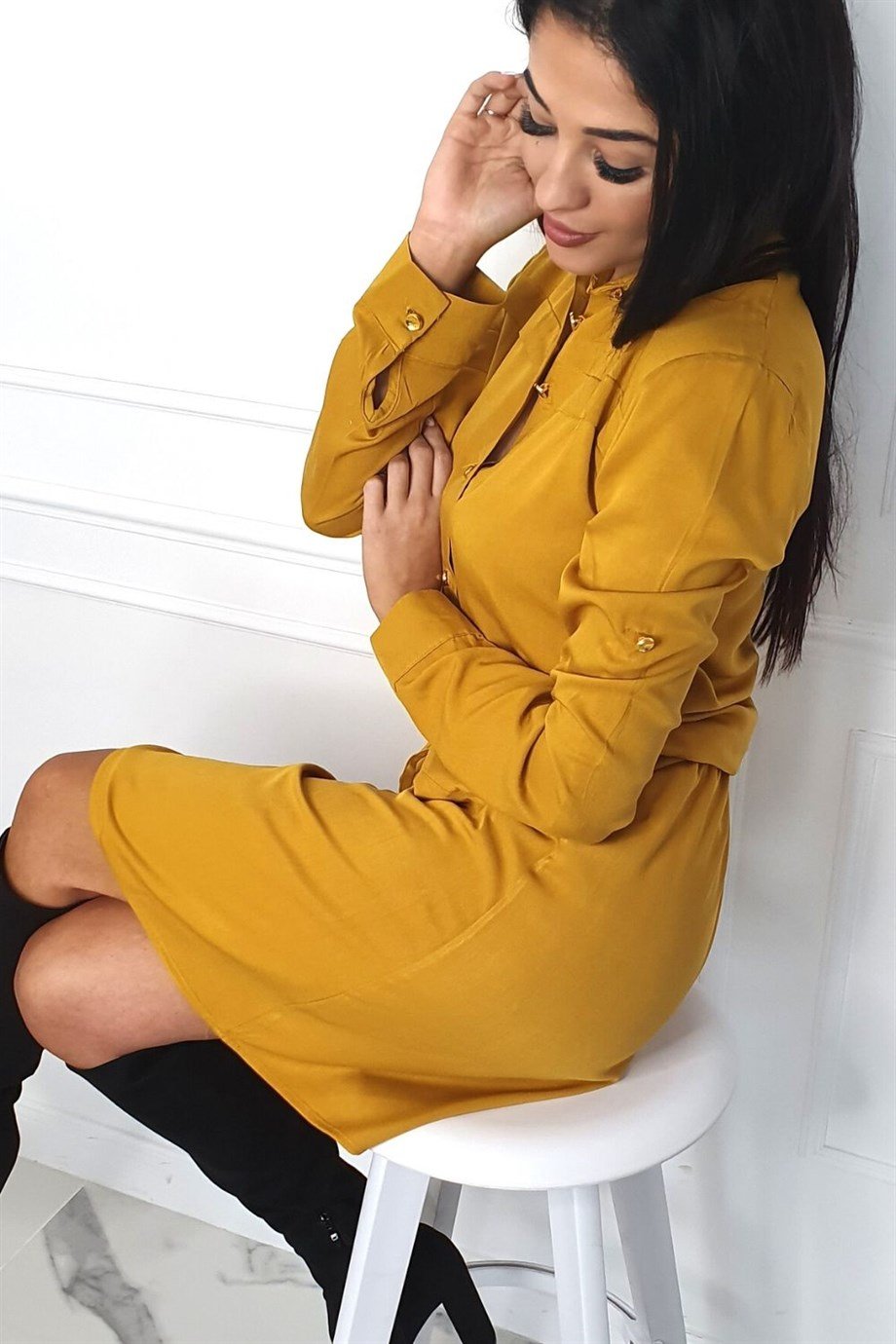 Cep detaylı gömlek yaka elbise siyah 1909