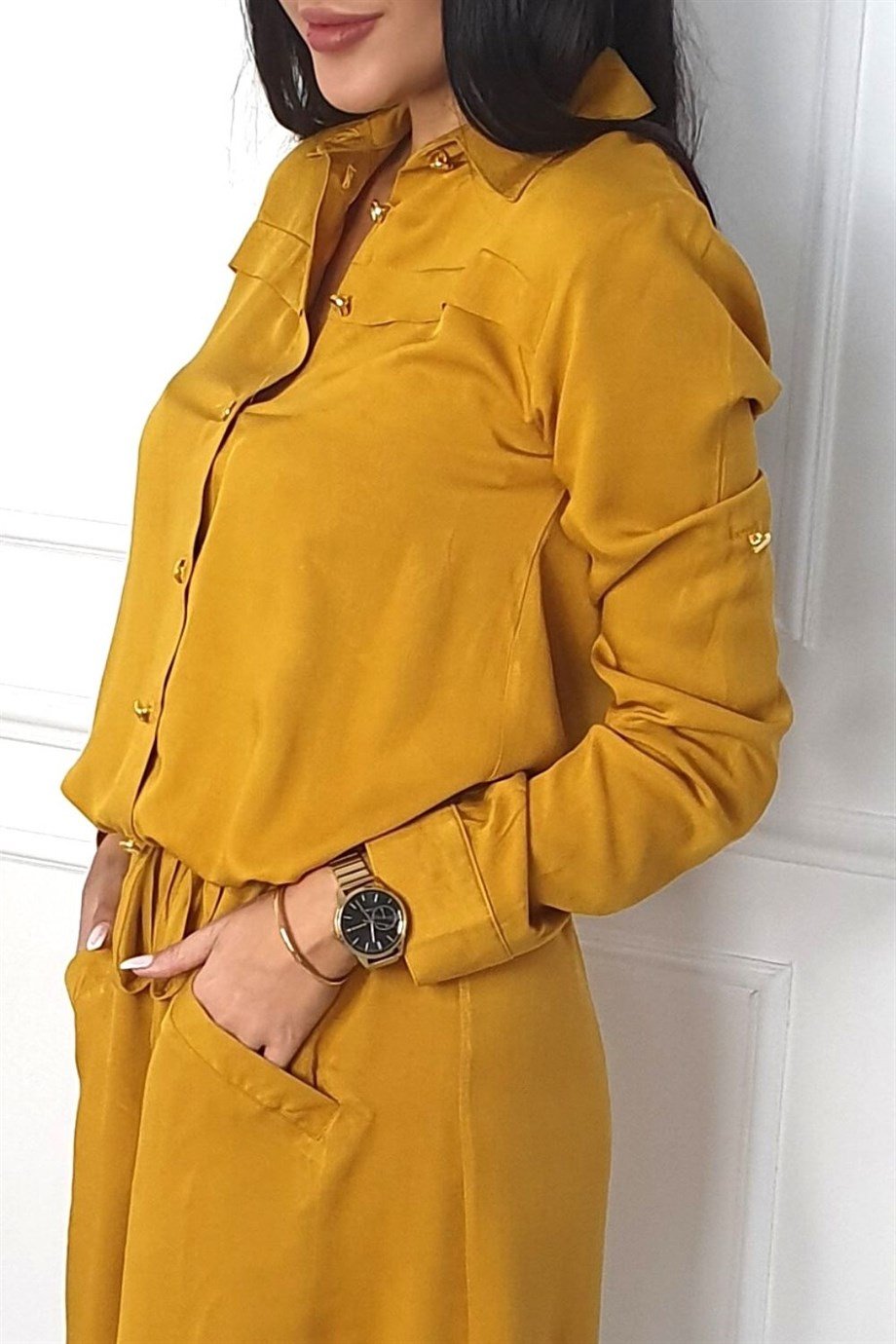 Cep detaylı gömlek yaka elbise siyah 1909