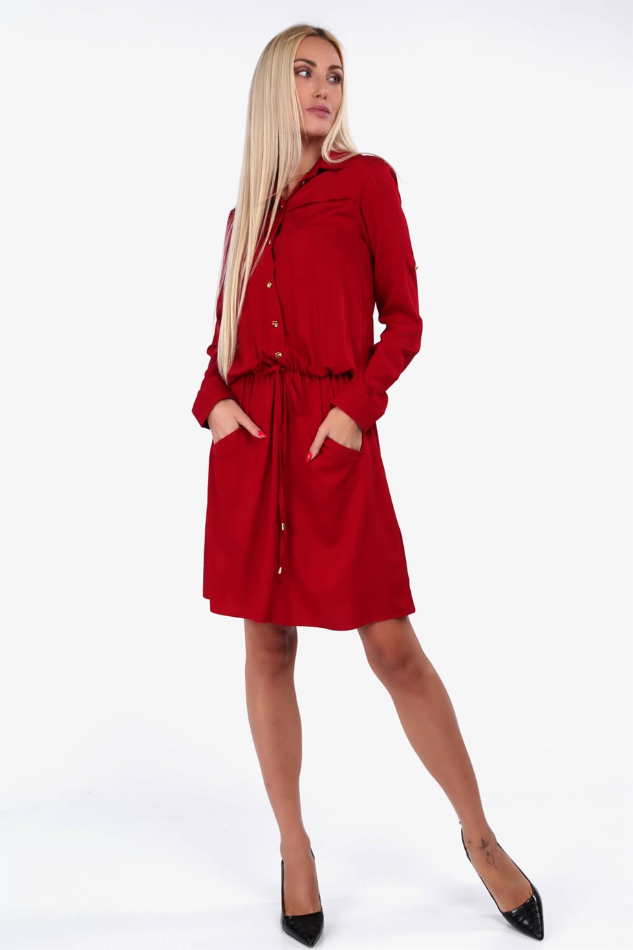 Cep detaylı gömlek yaka elbise siyah 1909