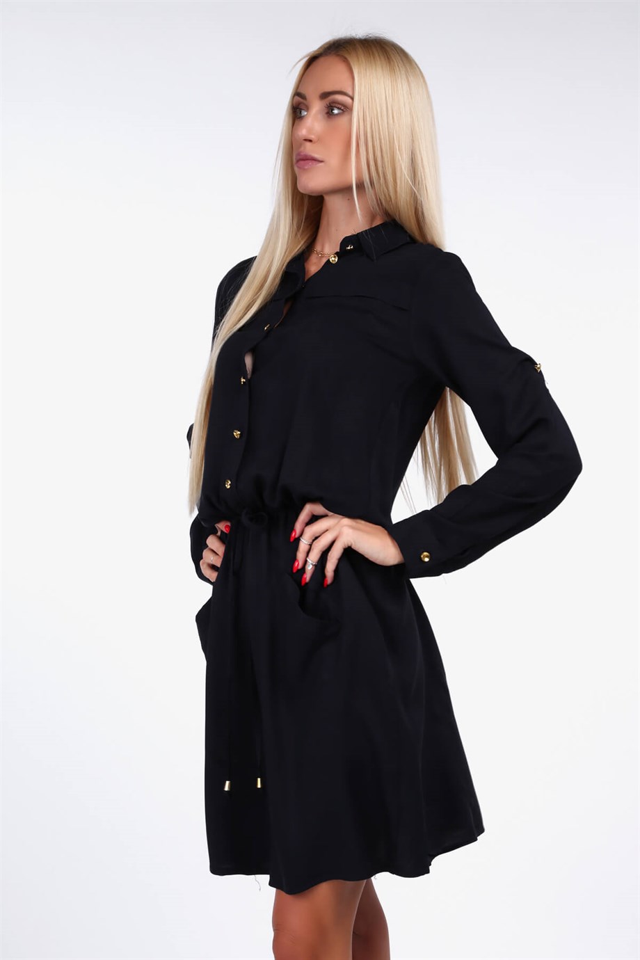 Cep detaylı gömlek yaka elbise siyah 1909