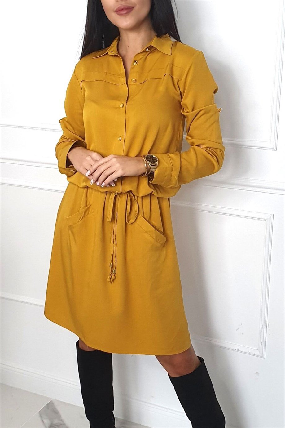 Cep detaylı gömlek yaka elbise siyah 1909