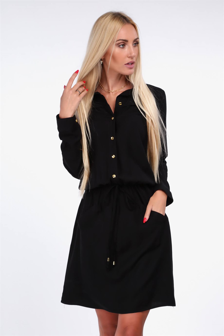 Cep detaylı gömlek yaka elbise siyah 1909