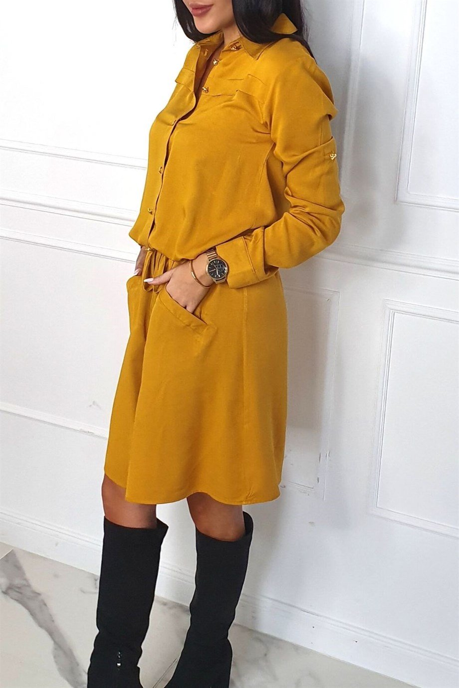 Cep detaylı gömlek yaka elbise siyah 1909