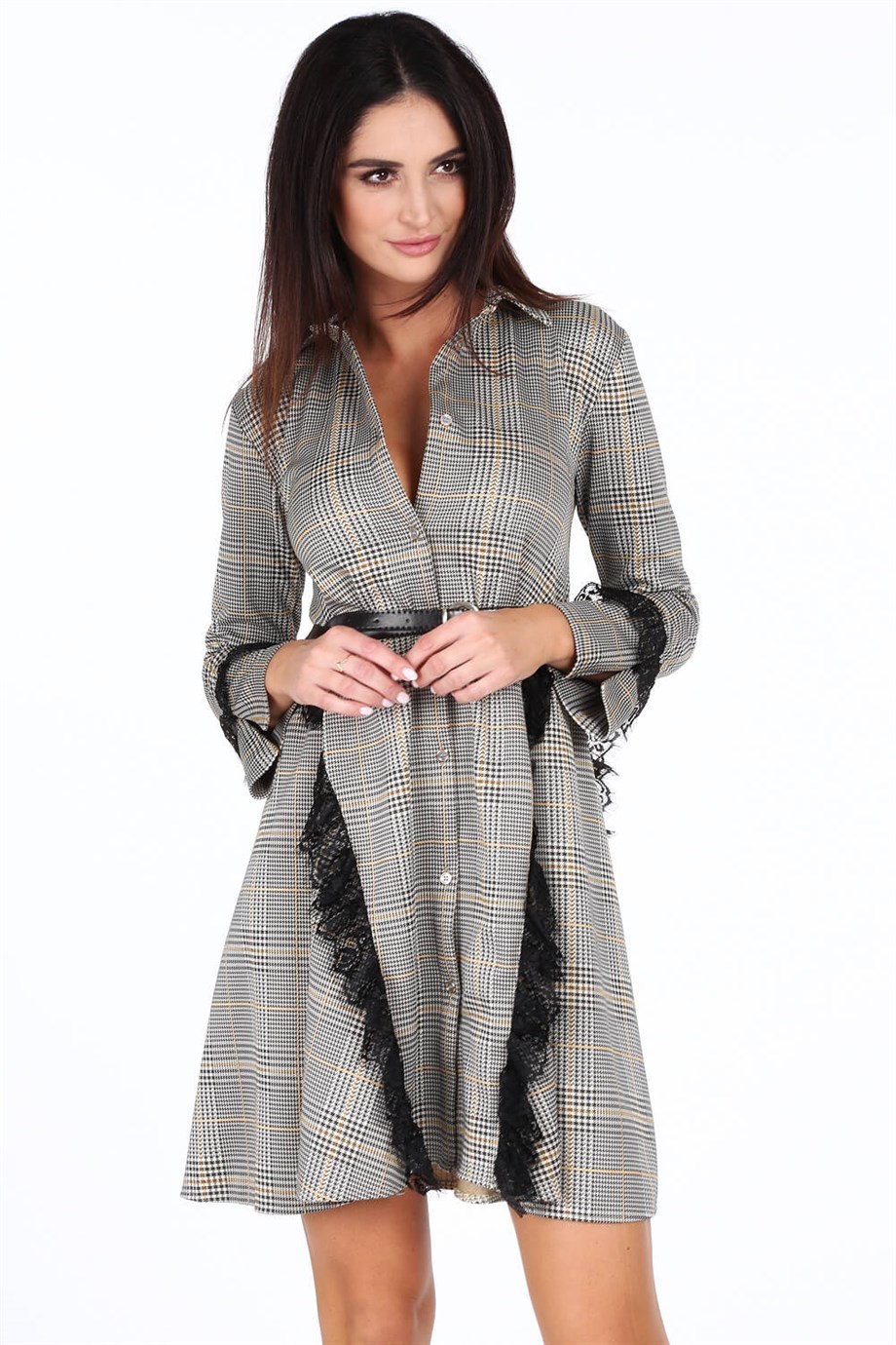 Dantel detaylı kemerli ekose elbise lacivert 1917