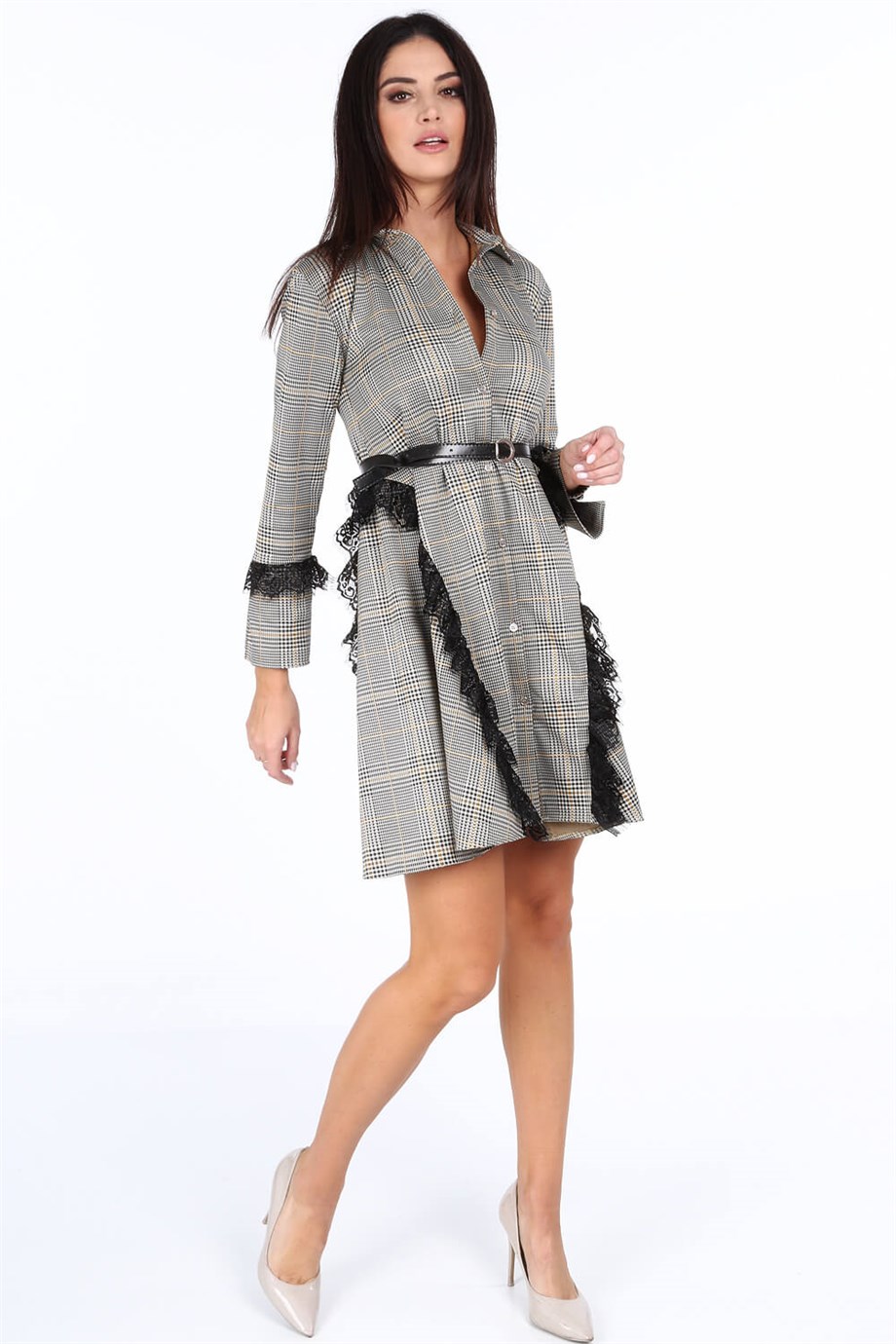 Dantel detaylı kemerli ekose elbise lacivert 1917