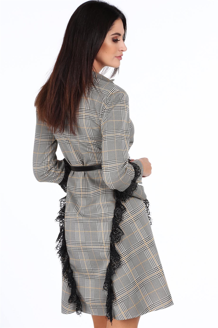 Dantel detaylı kemerli ekose elbise lacivert 1917