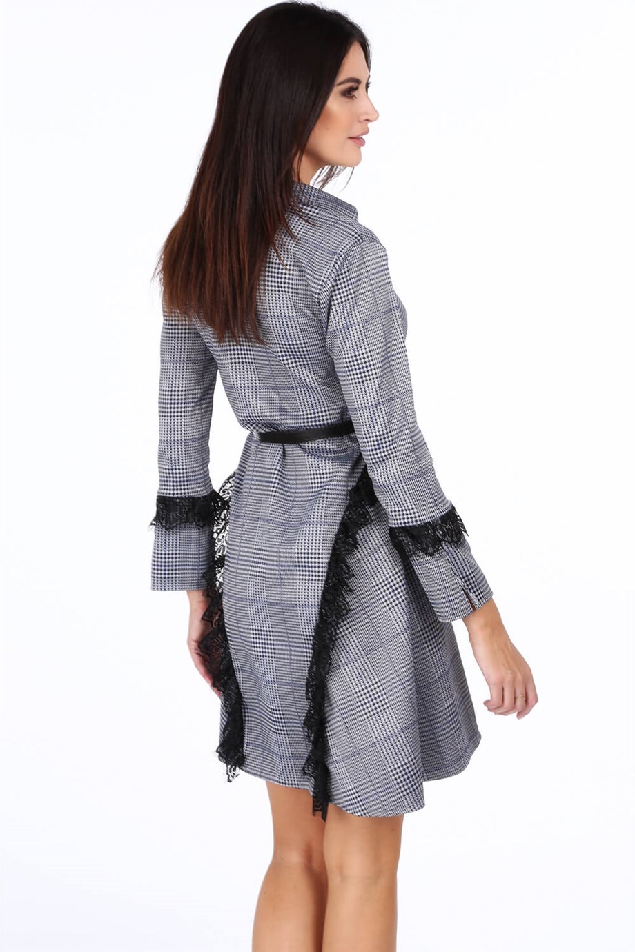 Dantel detaylı kemerli ekose elbise lacivert 1917