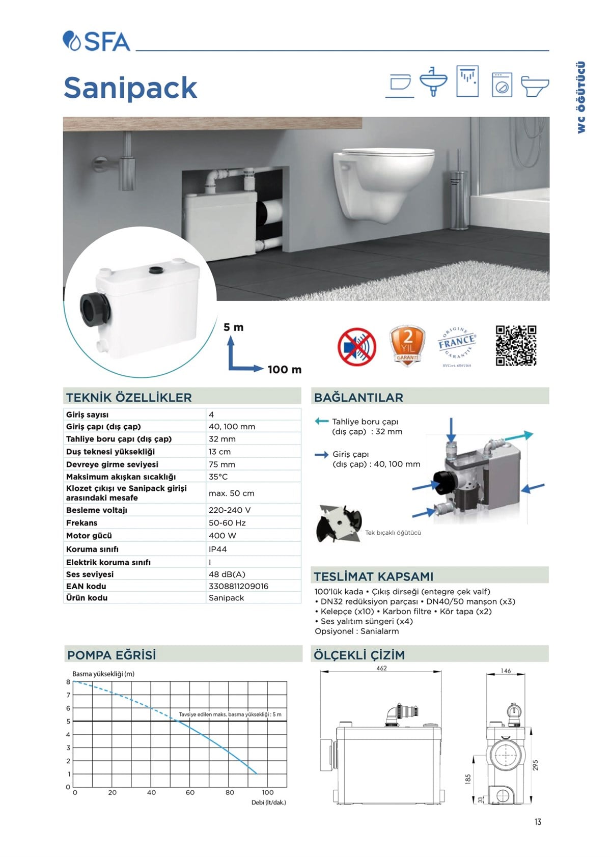 Sanipack - WC+ 3 Ünite Tanklı Foseptik Atık Su Pompası - 12 Lt - Duvara Monte Edilebilen Model